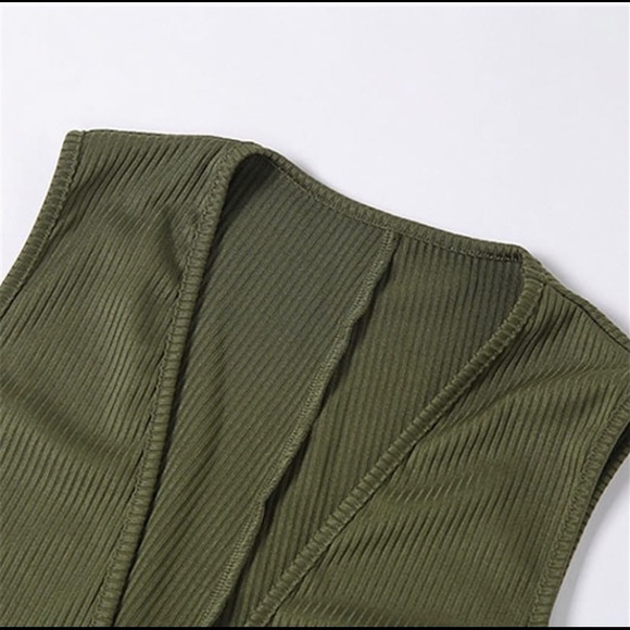 Olive colored Deep V rib knit sleeveless jumpsuit - Picture 5 of 9